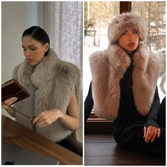 ALO YOGA Opulent Faux Fur Cropped Vest in Oat Beige SZ L - Picture 3 of 11